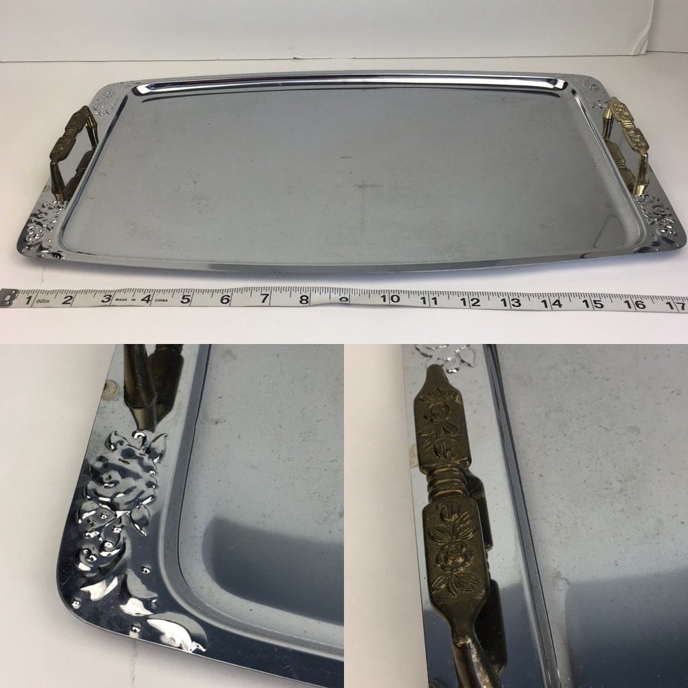 Vtg Rectangle Metal Serving Decor Tray w Gold Color Handles‎ Flower Roses Floral